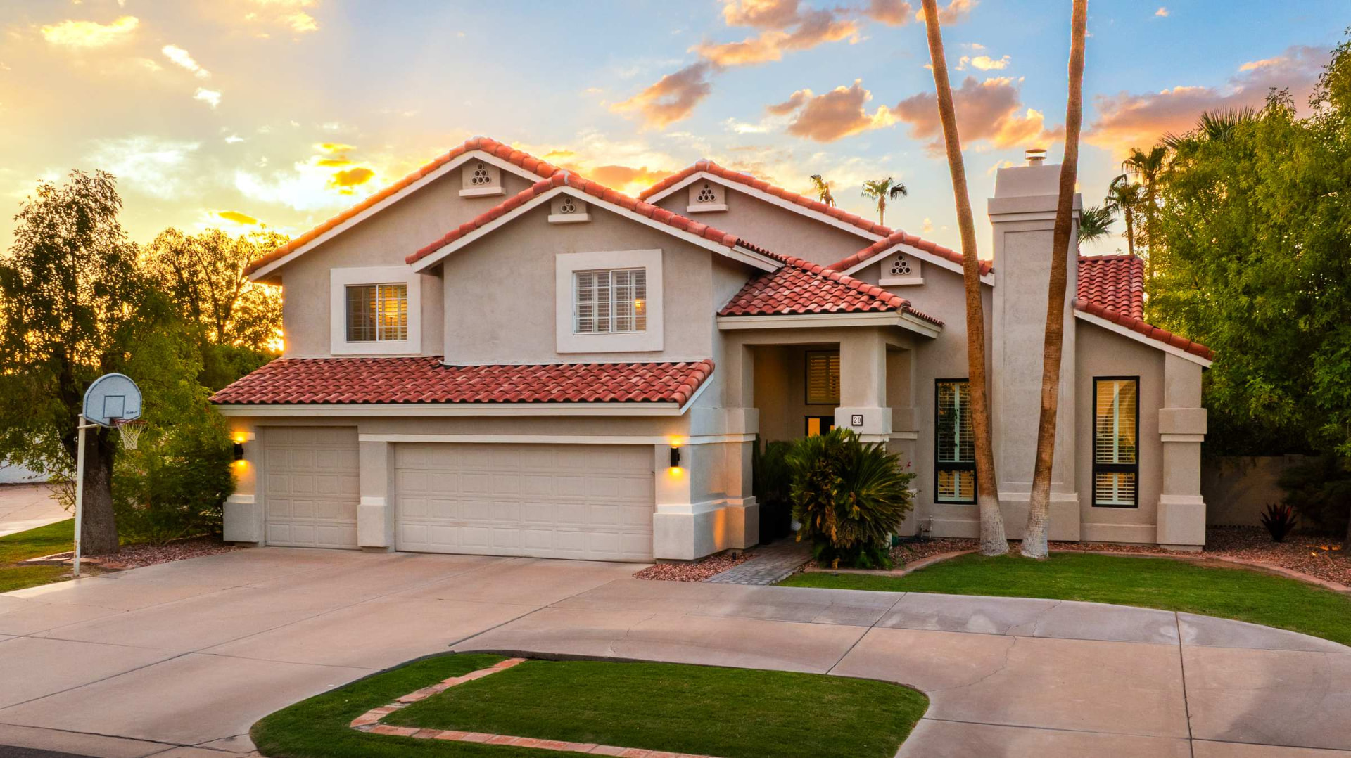 The front elevation at sunset