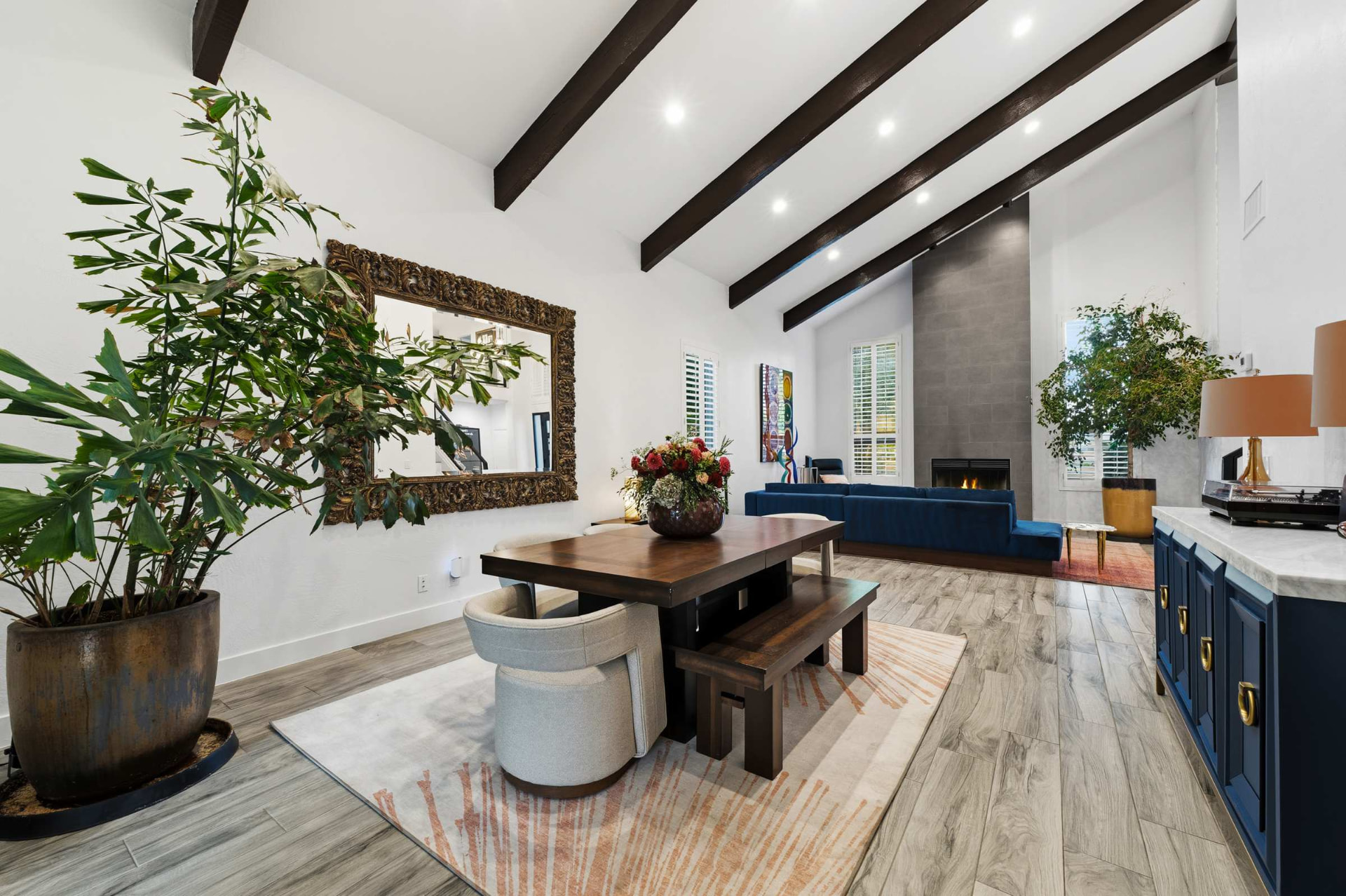 Dining room beneath exposed beams