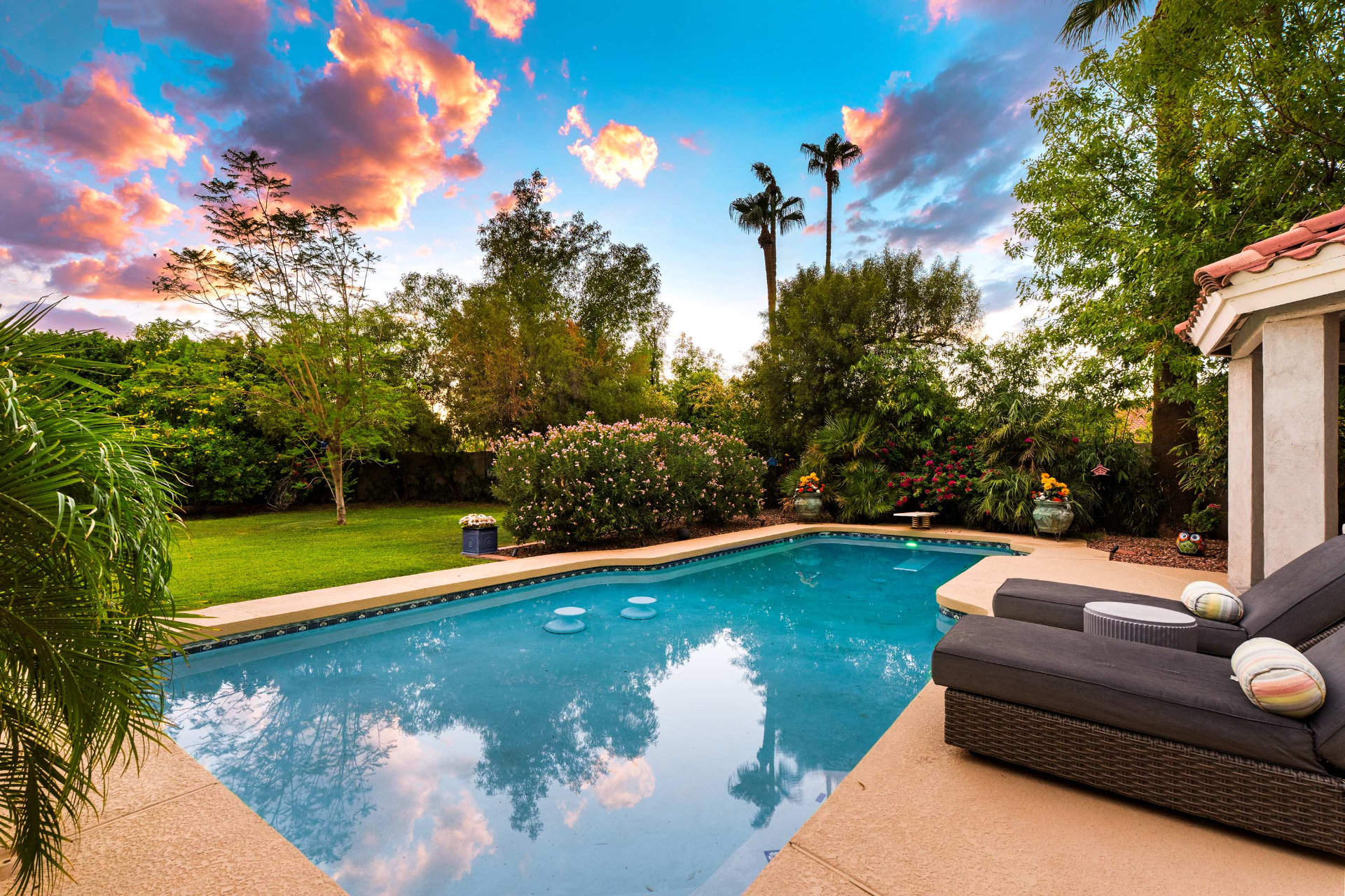The pool, lawn and trees at sunset