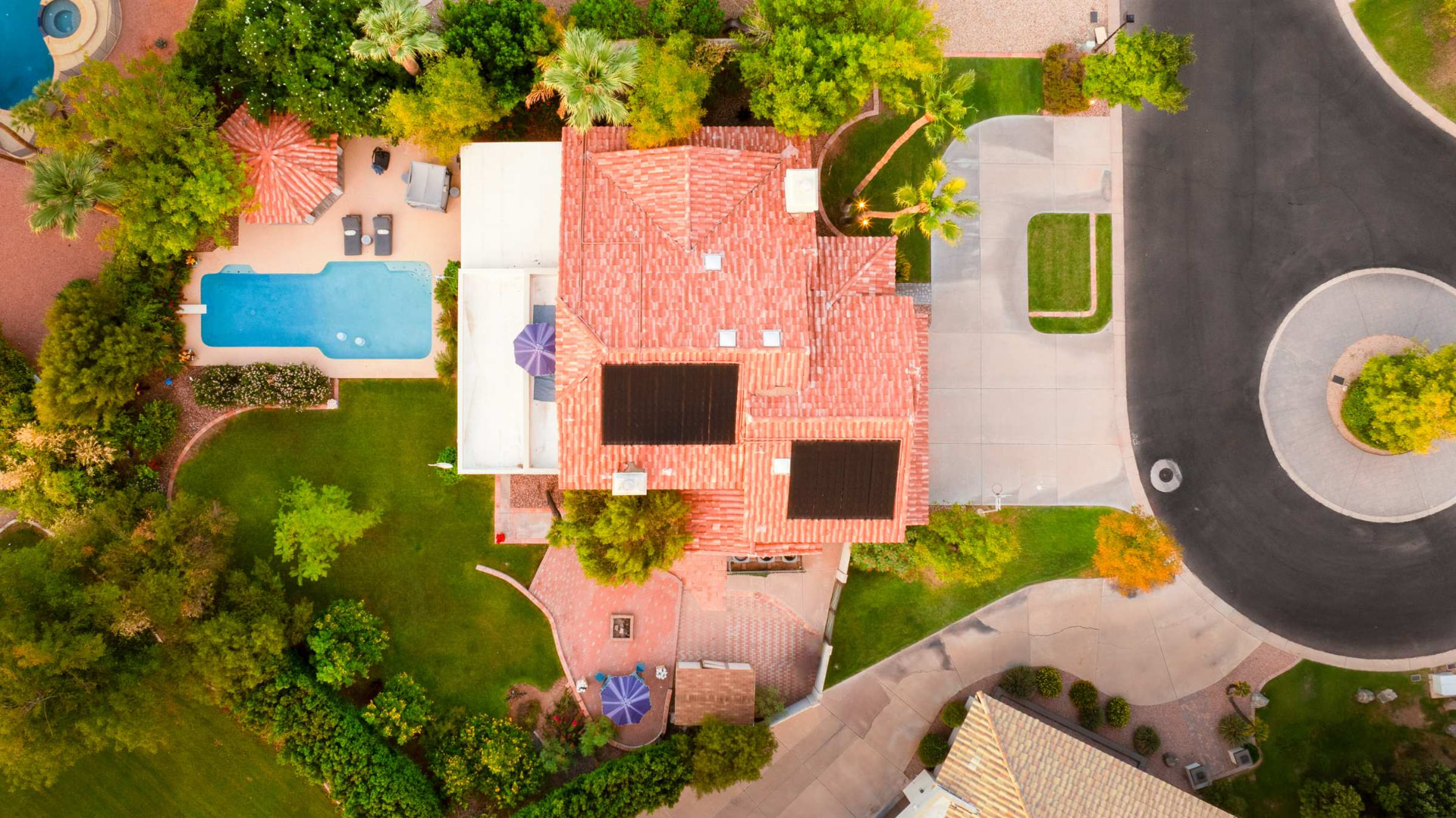 Aerial view of the house at the end of the cul-de-sac