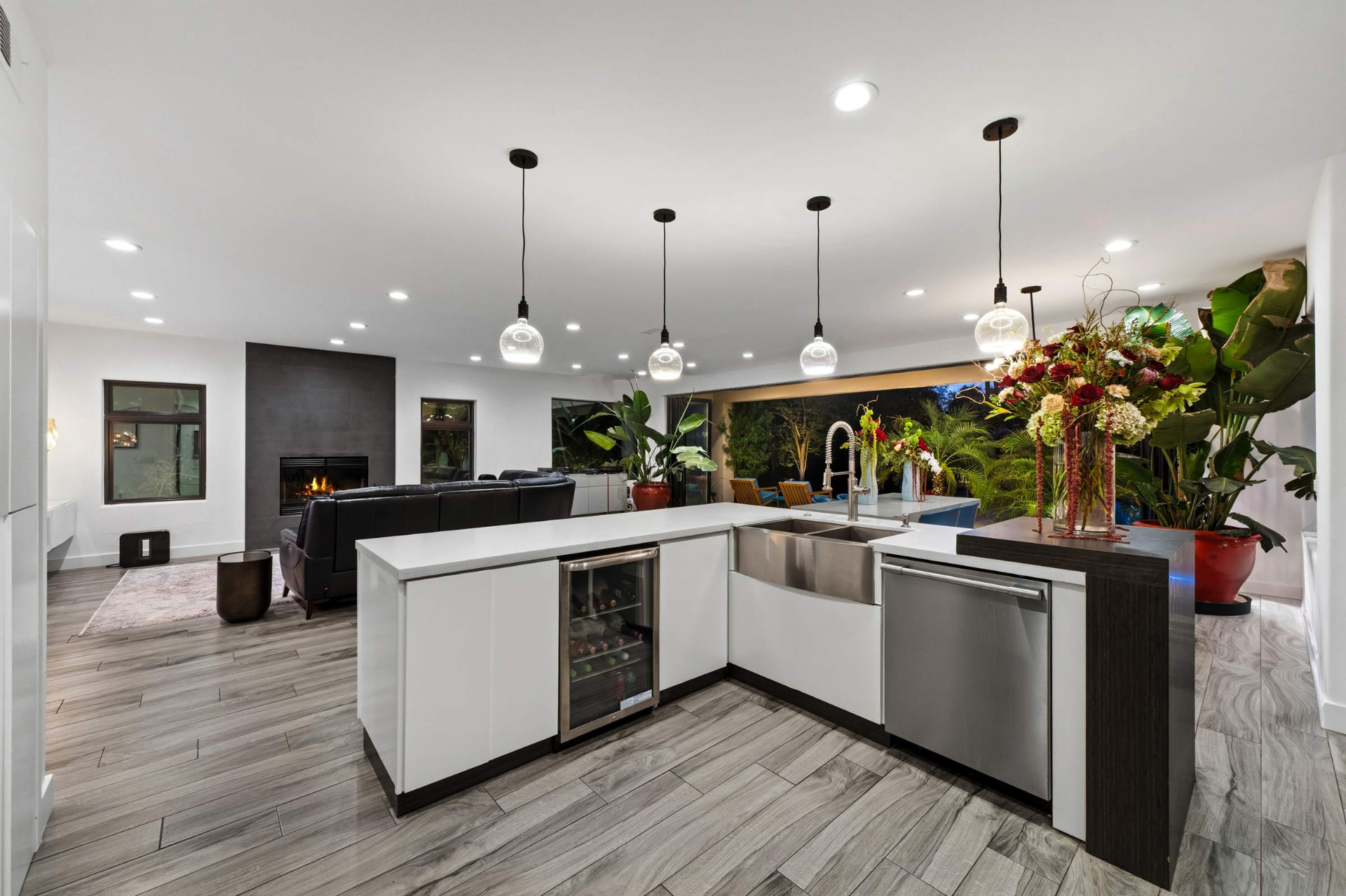 Kitchen open to the living room at night
