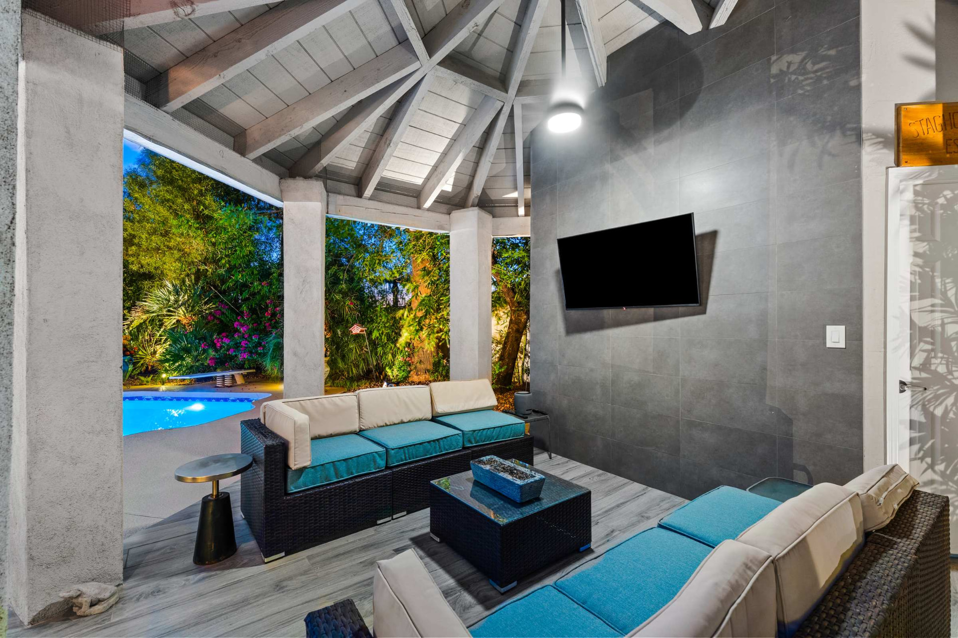 Inside the poolside pavilion