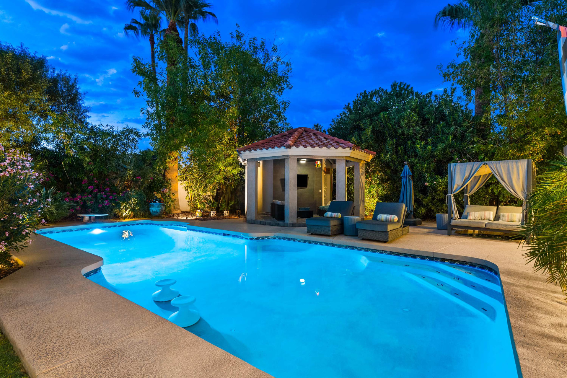 The pool and pavilion at twilight