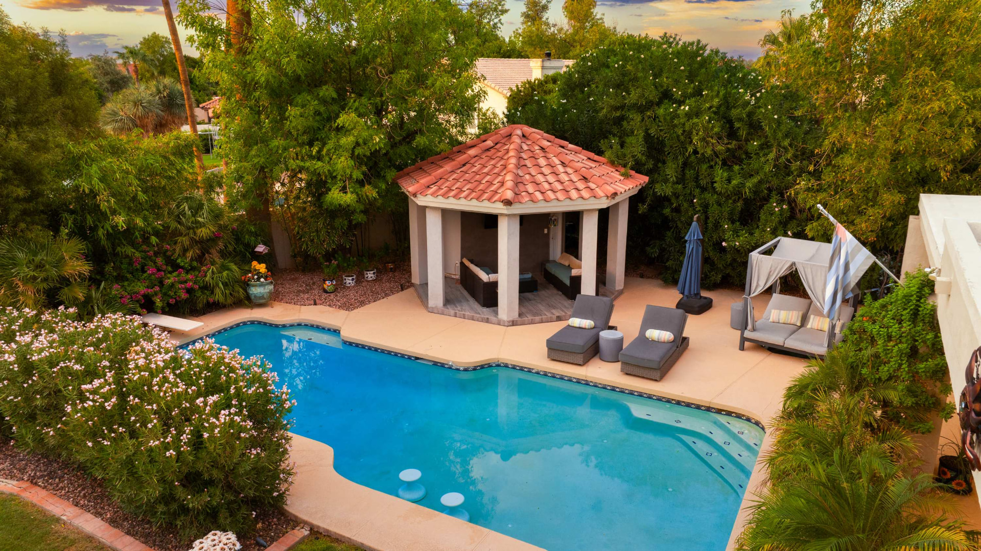 Elevated view over the pool and pavilion